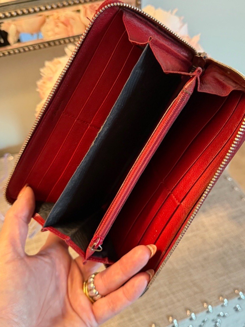 Yves Saint Laurent Red Leather Zip around Long Wallet with Stitched YSL - Picture 9 of 11